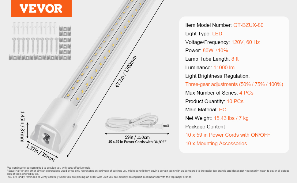 VEVOR 10 Pack LED Shop Light, 8 FT, 80W Linkable Shop Light
