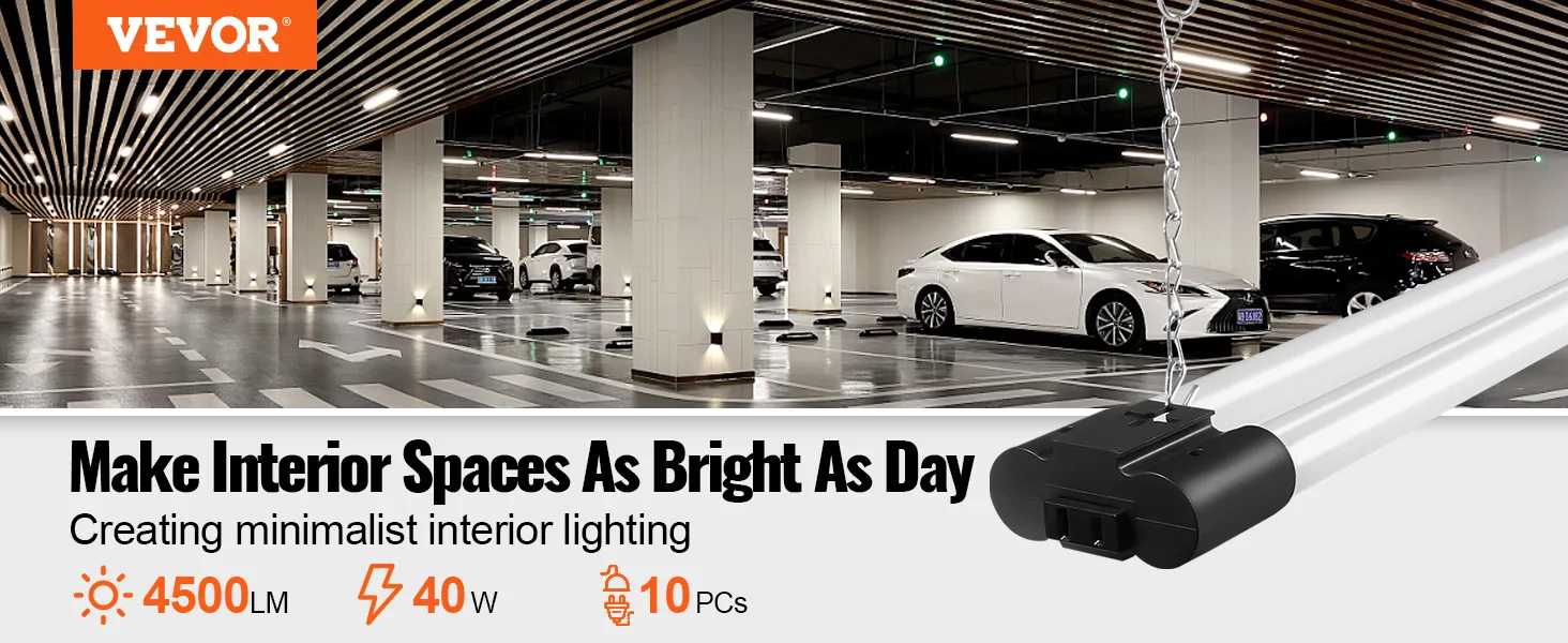 Paquete de 10 luces LED VEVOR para tienda que iluminan un estacionamiento moderno con iluminación brillante y de bajo consumo.