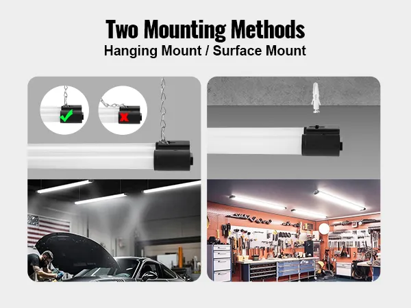 Paquete de 10 luces LED para tienda VEVOR que muestran opciones de montaje colgante y en superficie para garaje y taller.