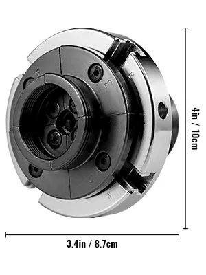 Mandrino per tornio VEVOR, diametro 4 pollici, larghezza 3,4 pollici, design compatto nero e argento.