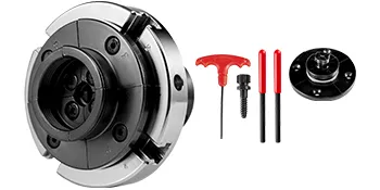 Mandrino per tornio VEVOR con accessori, tra cui chiave, aste e piastra di montaggio.