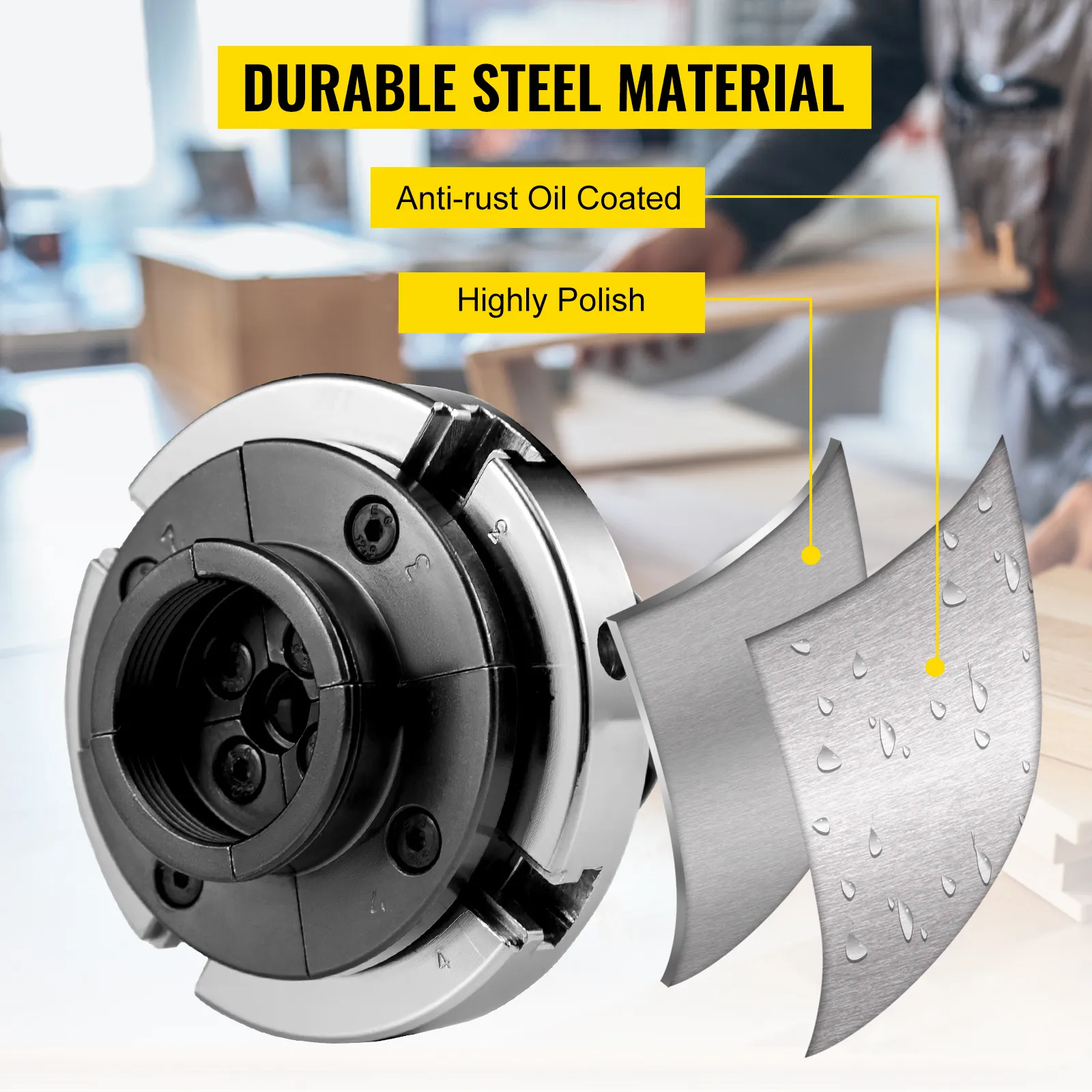 Mandrino per tornio VEVOR realizzato in acciaio resistente, rivestito con olio antiruggine e altamente lucidato.