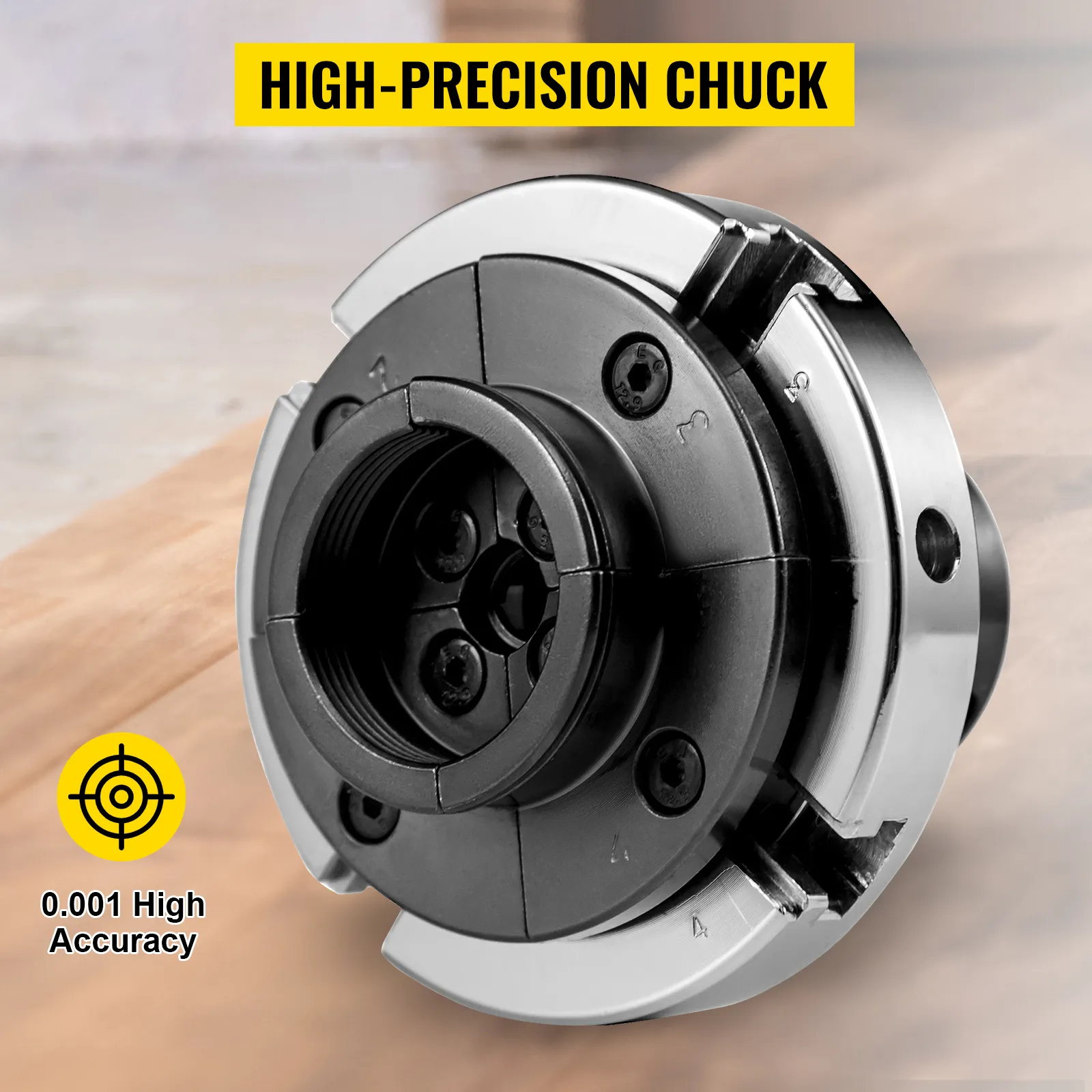 Mandrino per tornio VEVOR ad alta precisione e accuratezza dello 0,001 su fondo in legno.