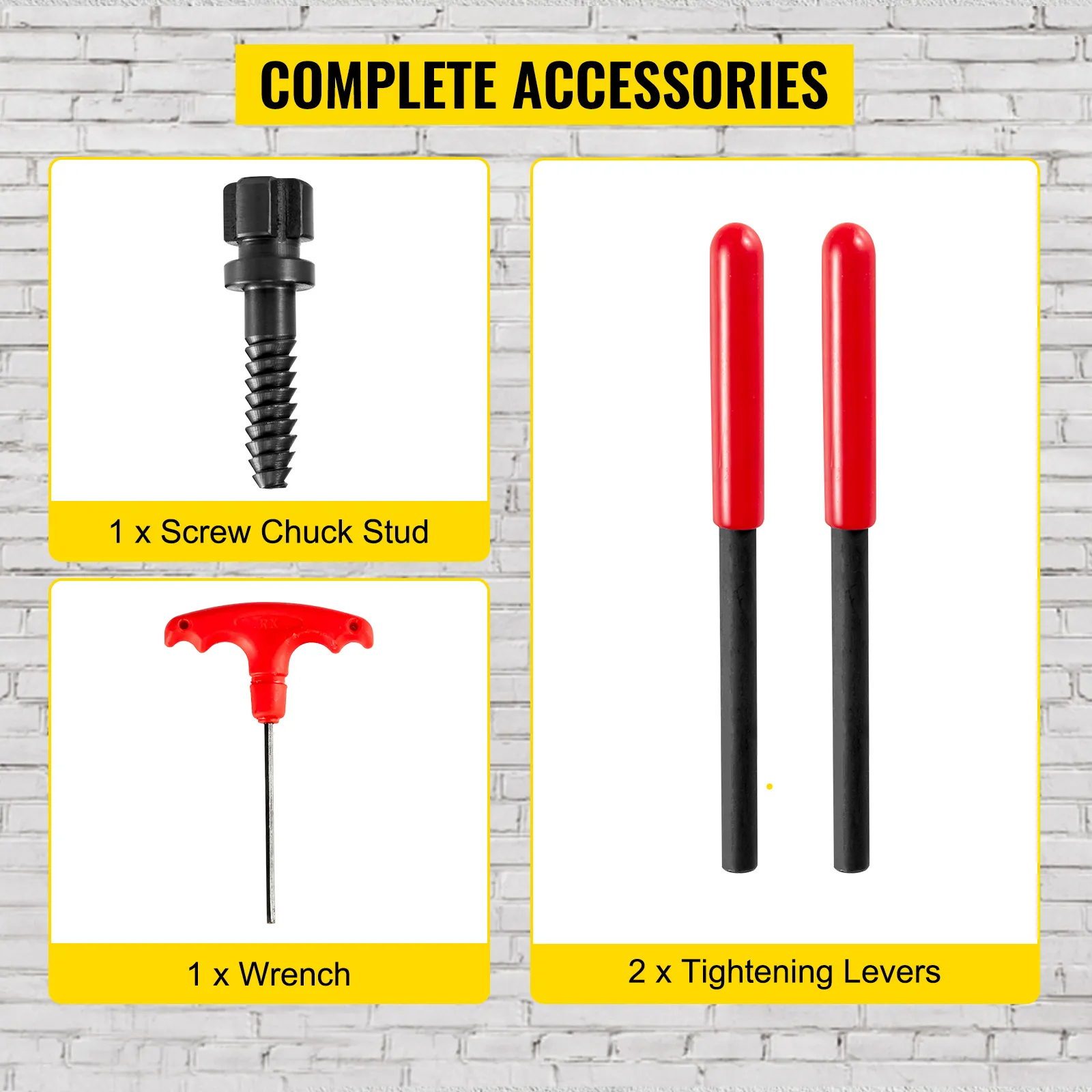 Accessori per mandrino per tornio VEVOR: perno filettato per mandrino, chiave, 2 leve di serraggio.