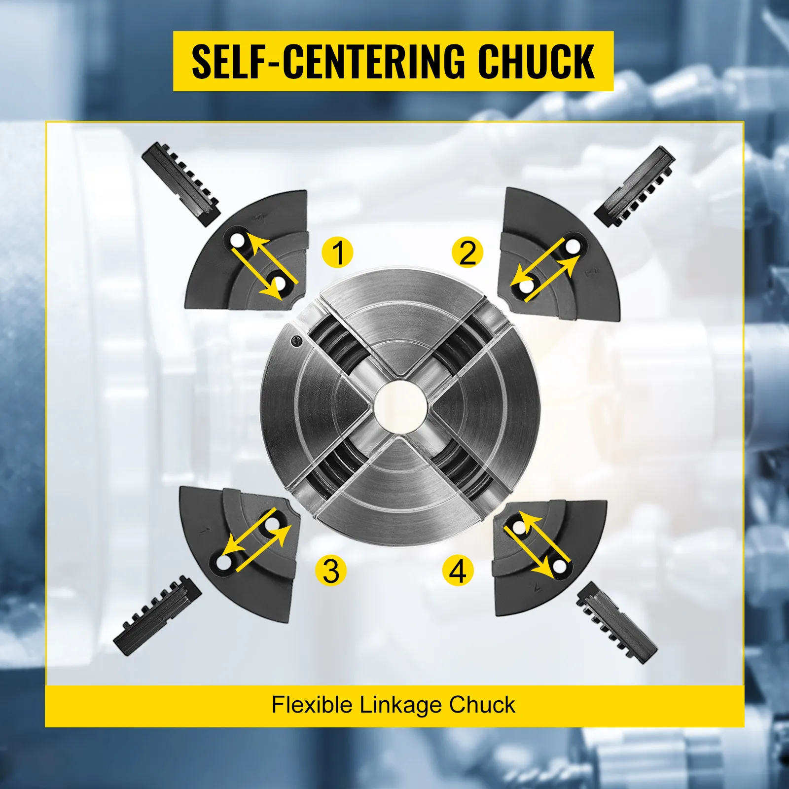 Mandrino per tornio VEVOR che mostra il collegamento flessibile e le ganasce autocentranti.