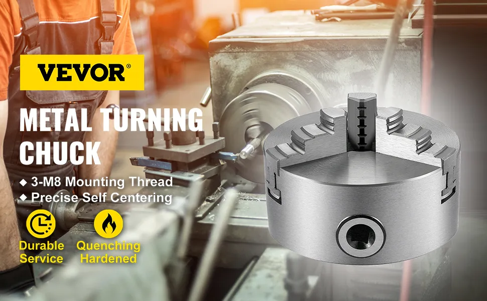 VEVOR lathe chuck in a workshop scene with details on mounting thread and self-centering.