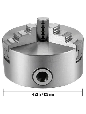 VEVOR lathe chuck with 4.92 in / 125 mm dimensions, showcasing jaws and central hole.