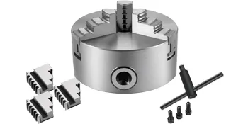 VEVOR lathe chuck with jaw sets, t-handle wrench, and mounting bolts.