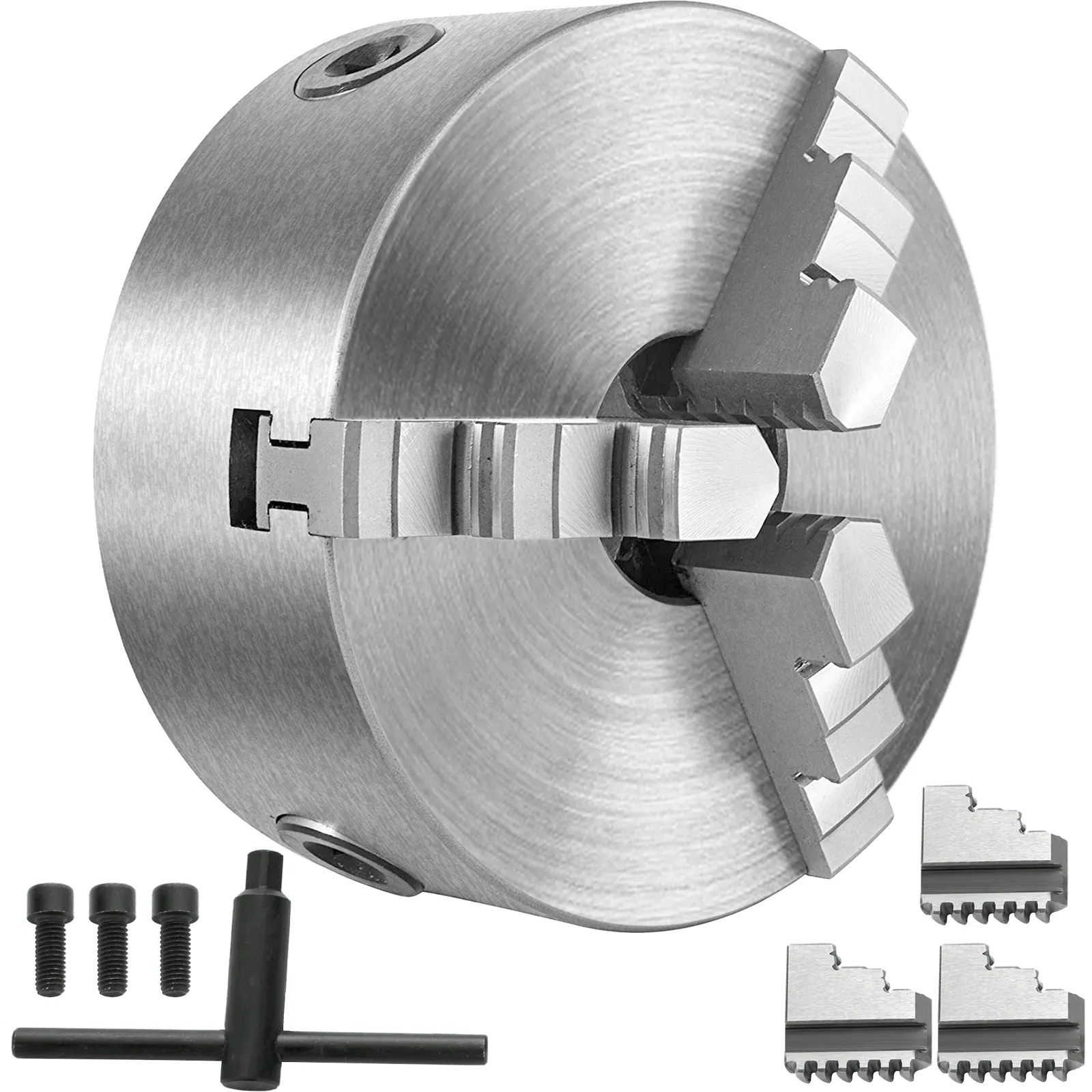 VEVOR lathe chuck with three steel jaws, screws, and a t-handle tool.