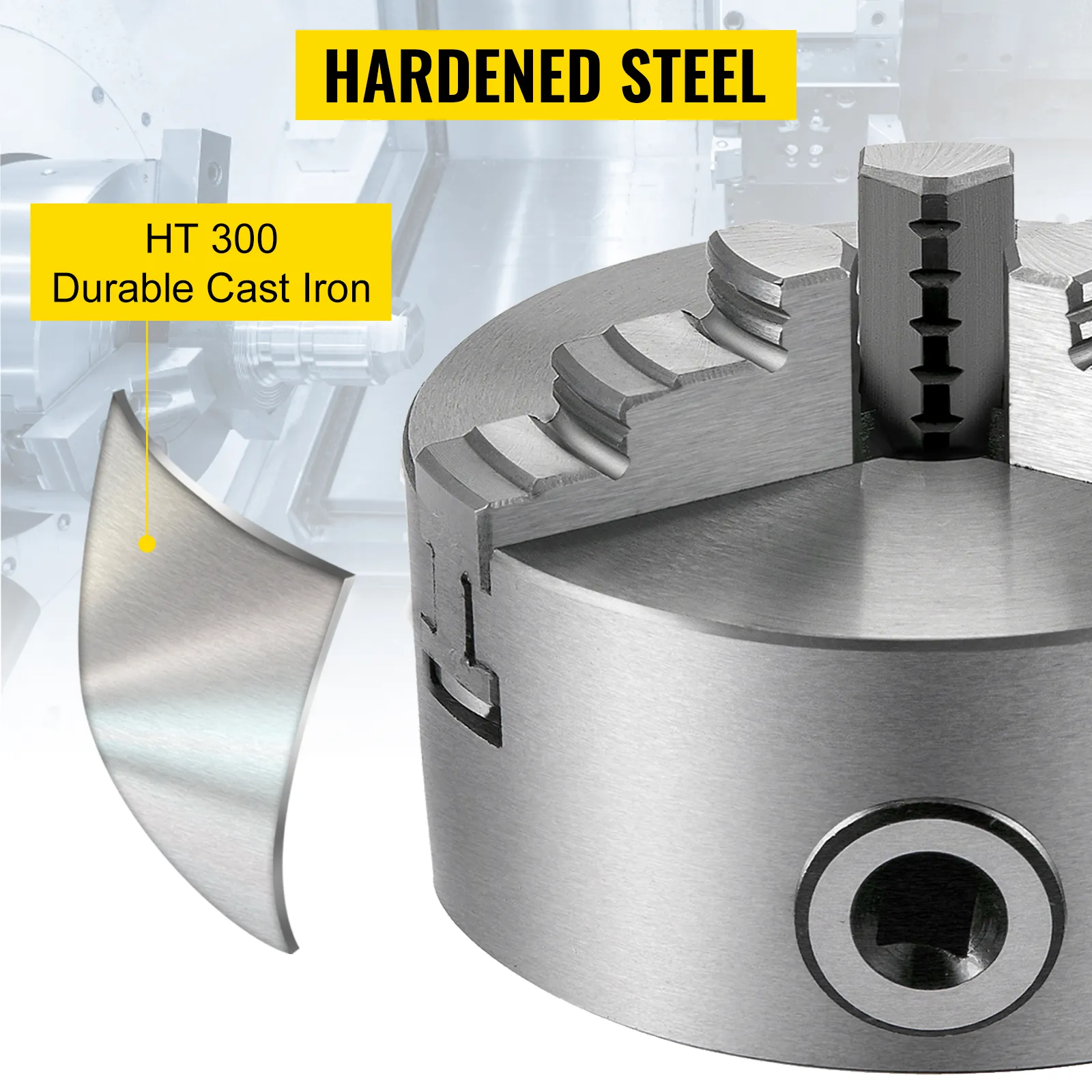 VEVOR lathe chuck made of ht 300 durable cast iron and hardened steel.