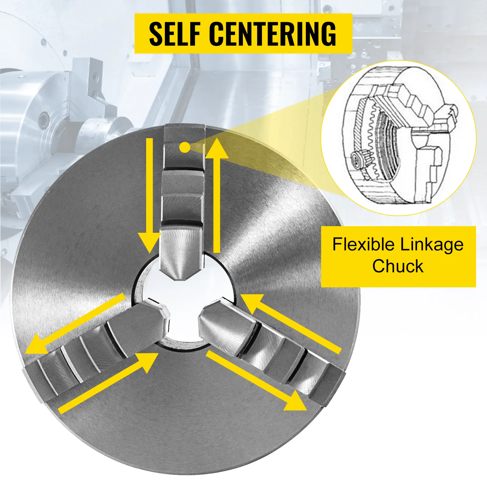 VEVOR lathe chuck with self-centering and flexible linkage features.