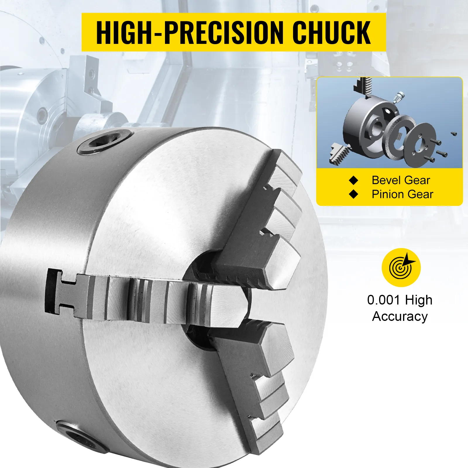 VEVOR lathe chuck - high-precision, 0.001 accuracy with bevel and pinion gear.