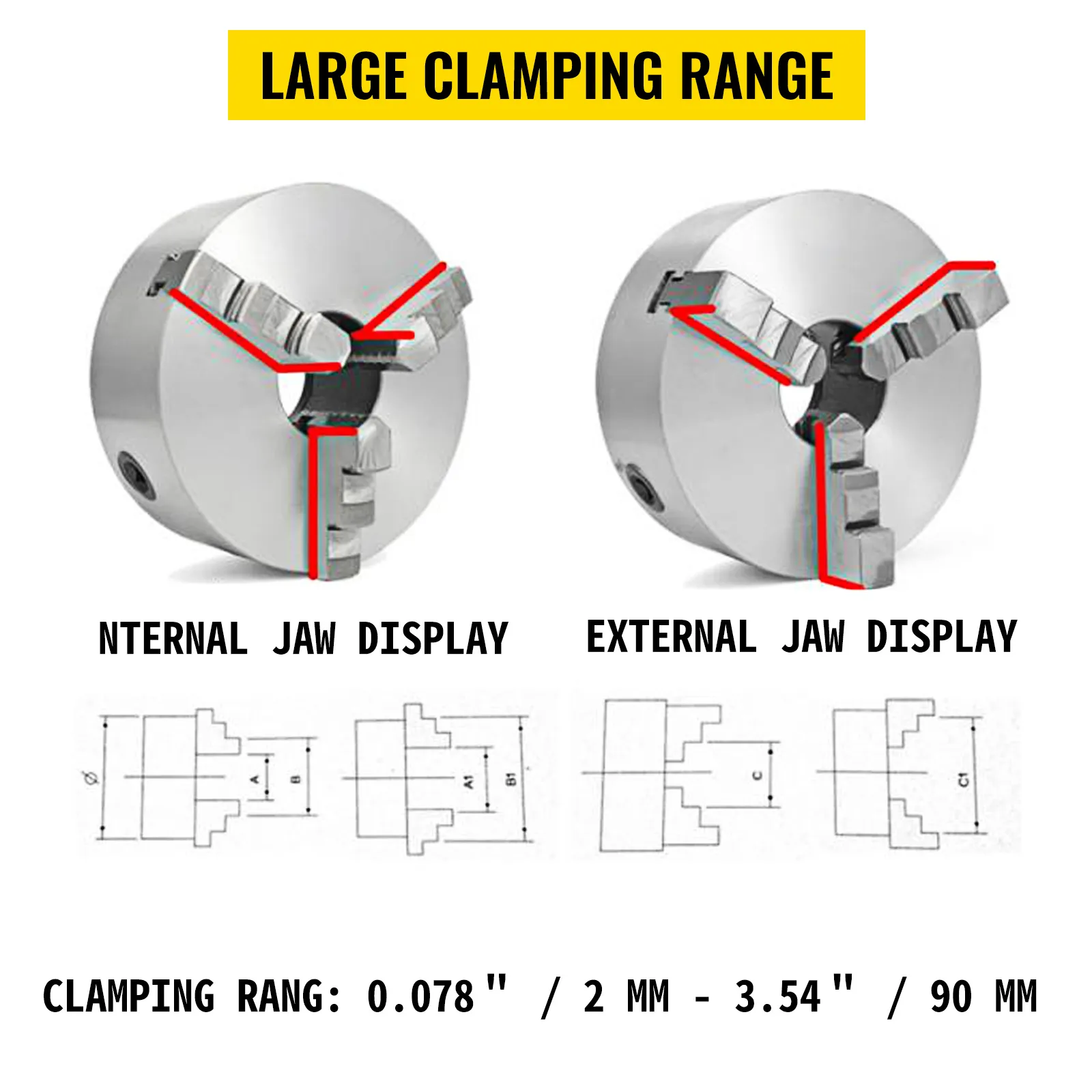 VEVOR lathe chuck showing internal and external jaw display with large clamping range.