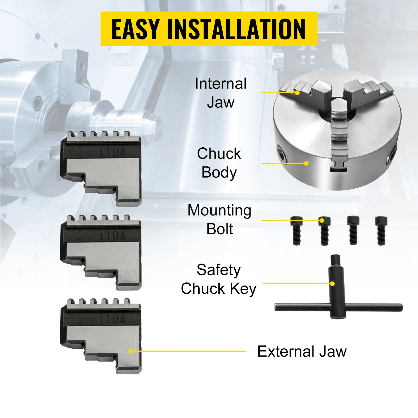 VEVOR lathe chuck parts diagram with internal and external jaws, mounting bolts, and chuck key.