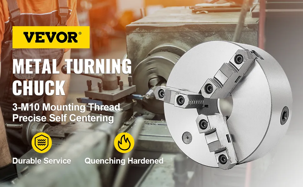 VEVOR lathe chuck: metal turning, 3-m10 mounting thread, precise self centering.