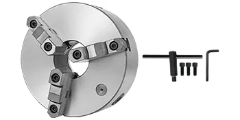 VEVOR lathe chuck with keys, bolts, and an allen wrench for precise metalwork.