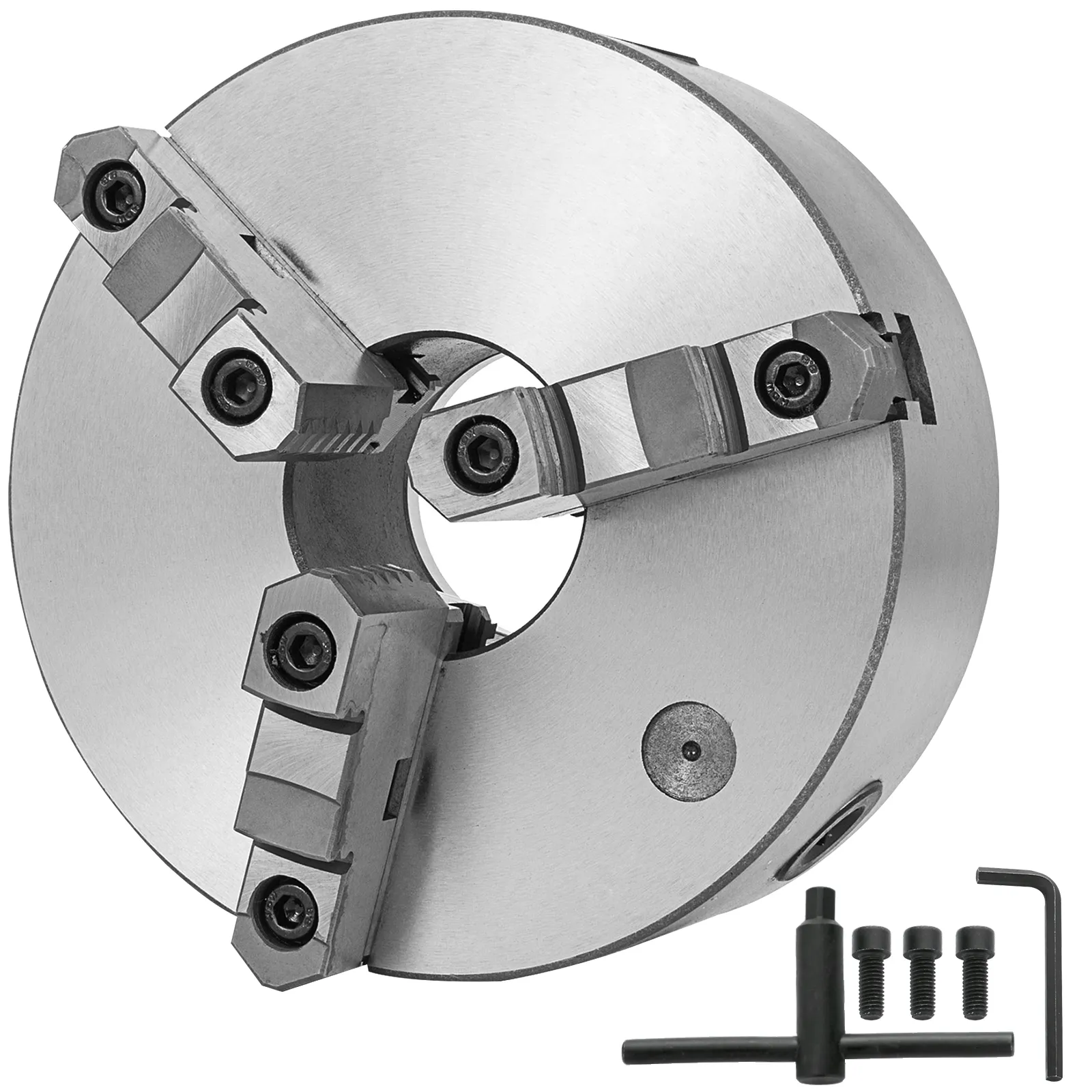 VEVOR lathe chuck with three jaws and included t-handle and bolts.