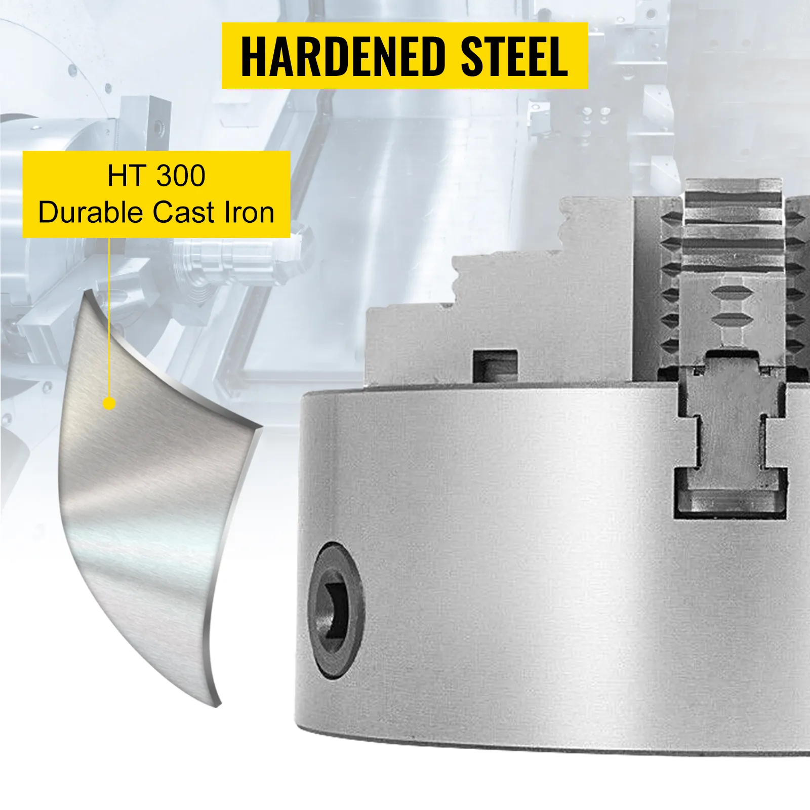 VEVOR lathe chuck in hardened steel with ht 300 durable cast iron component.