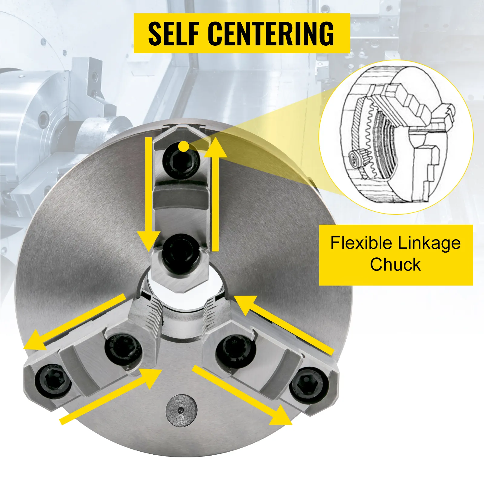 VEVOR lathe chuck with self-centering flexible linkage.