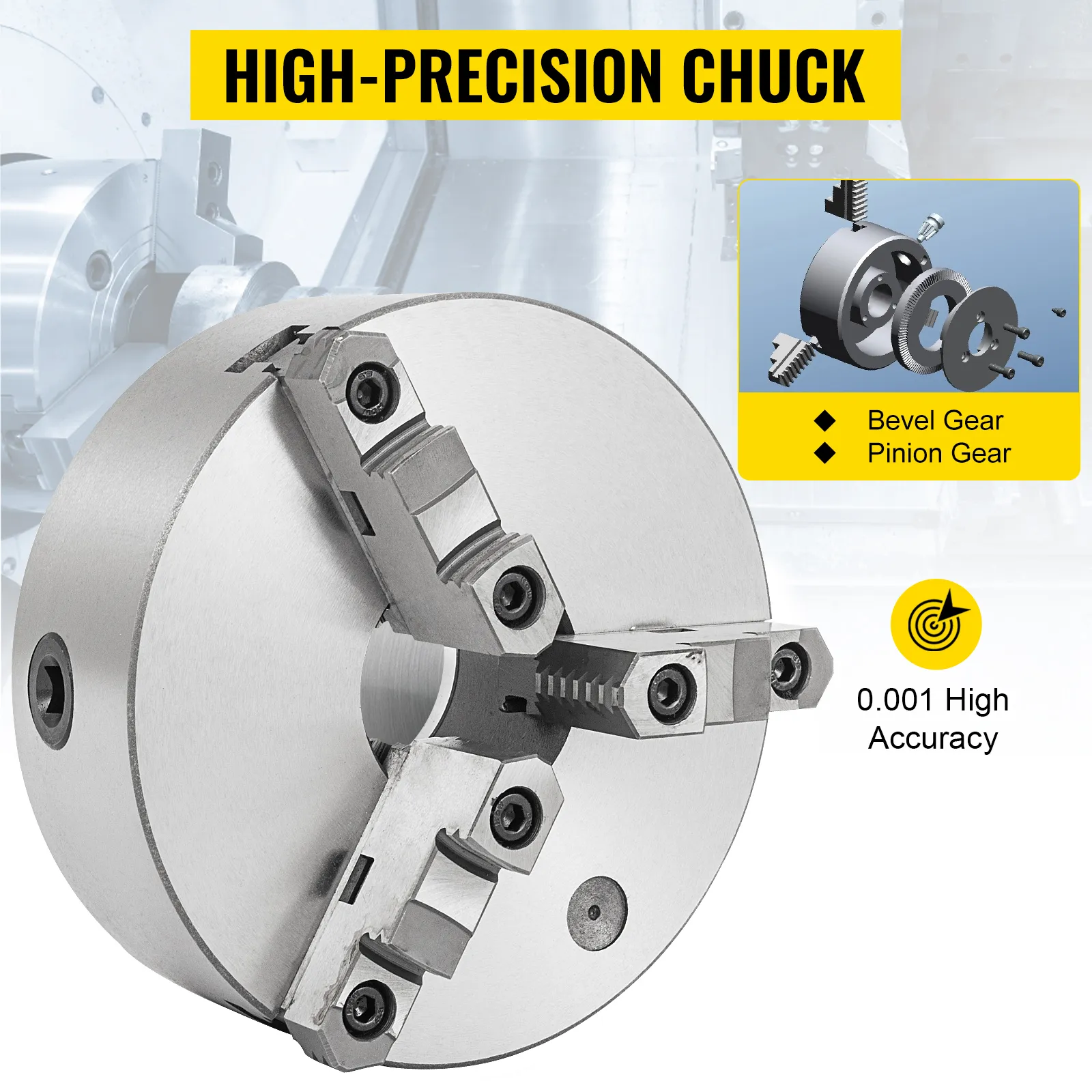 VEVOR lathe chuck with high-precision, 0.001 accuracy, bevel and pinion gears.