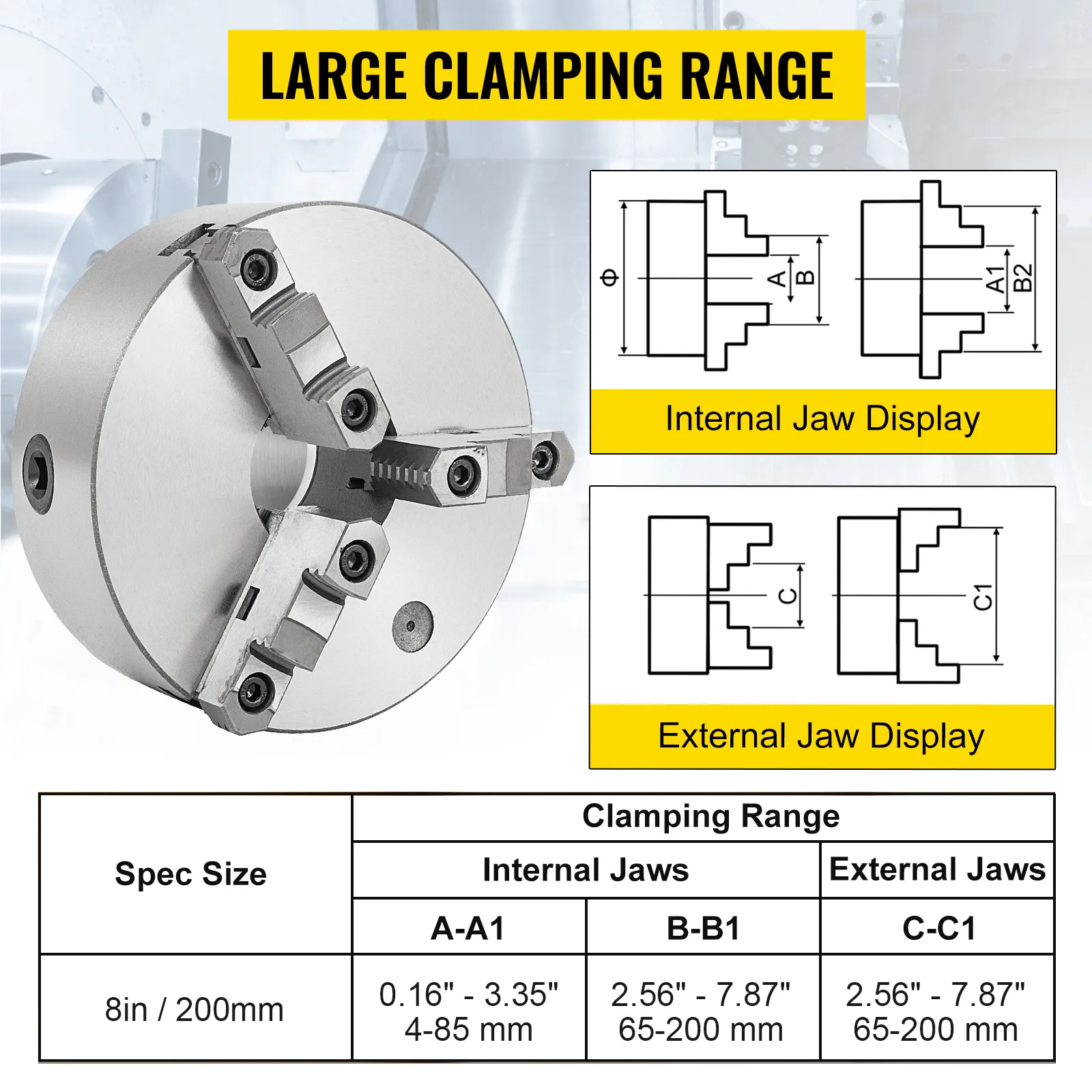 VEVOR lathe chuck with large clamping range, internal and external jaw display.