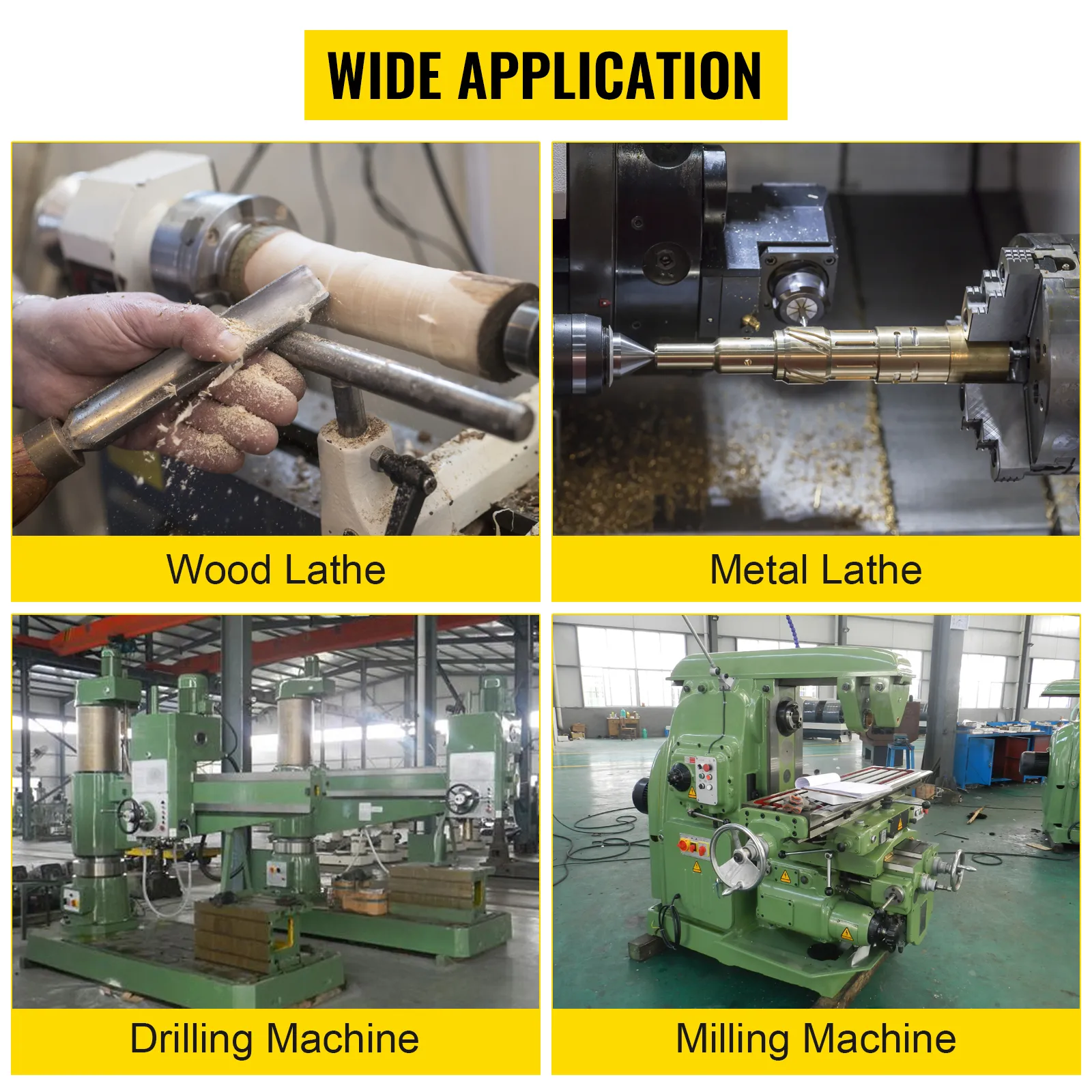 wide application of VEVOR lathe chuck: wood lathe, metal lathe, drilling, milling machine.