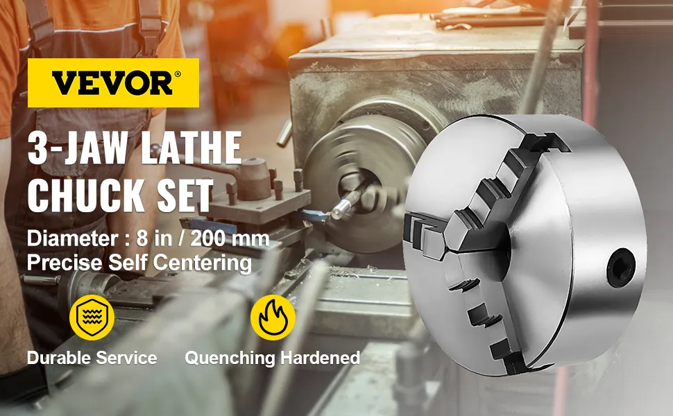 VEVOR lathe chuck set with 3-jaw, 8-inch, durable service, and quenching hardened.
