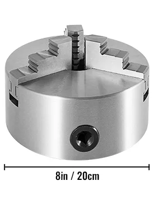 VEVOR lathe chuck, 8in/20cm, showcasing three sturdy metal jaws.