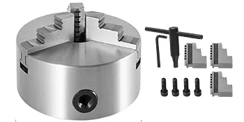 VEVOR lathe chuck with key, jaws, and screws on a white background.