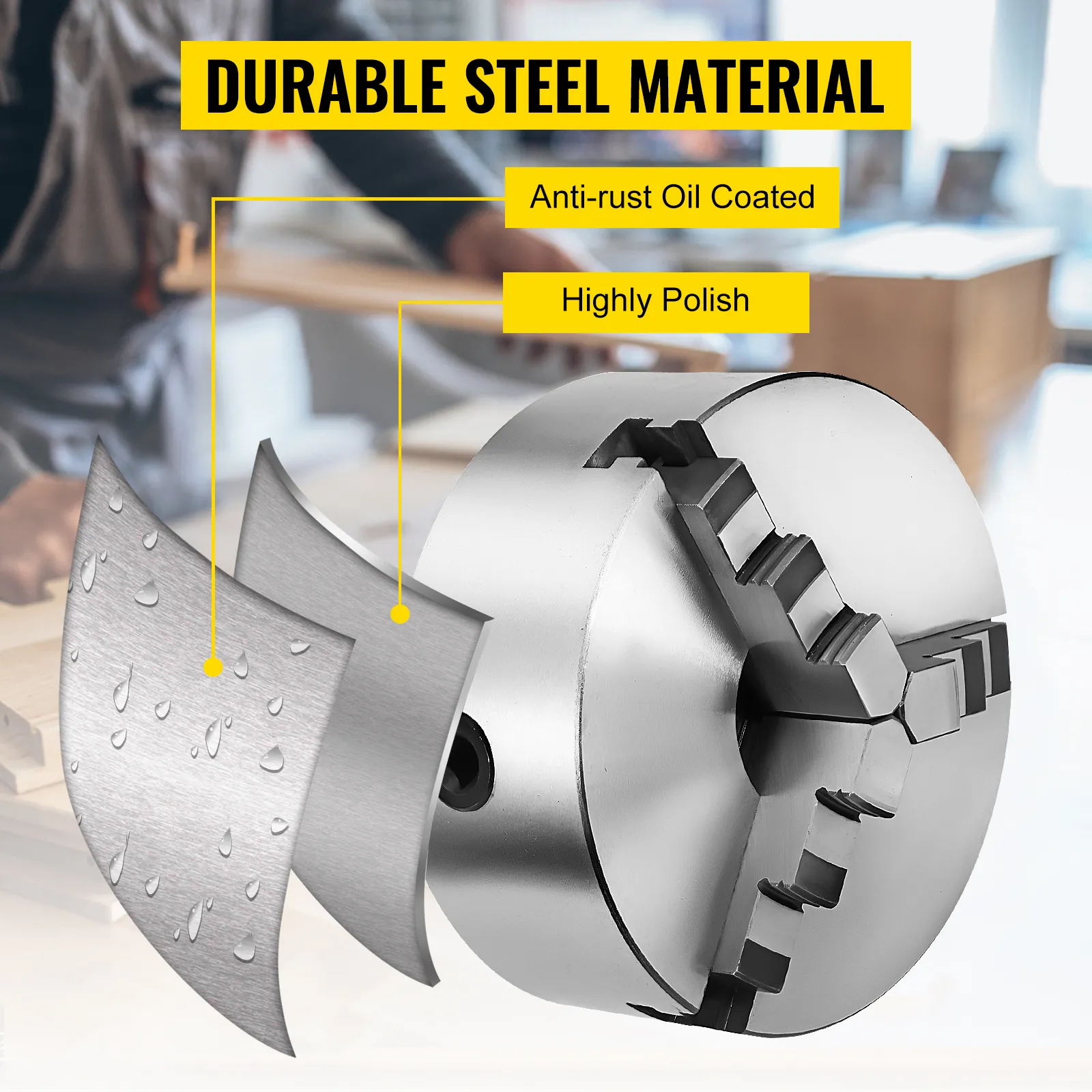 VEVOR lathe chuck showing durable steel material with anti-rust oil coating and high polish.