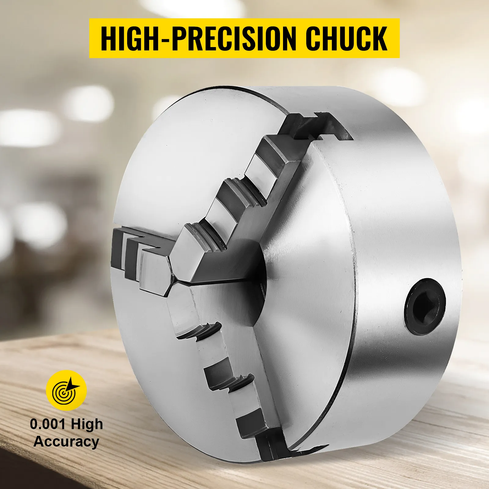 high-precision VEVOR lathe chuck on a wooden surface with 0.001 high accuracy text.