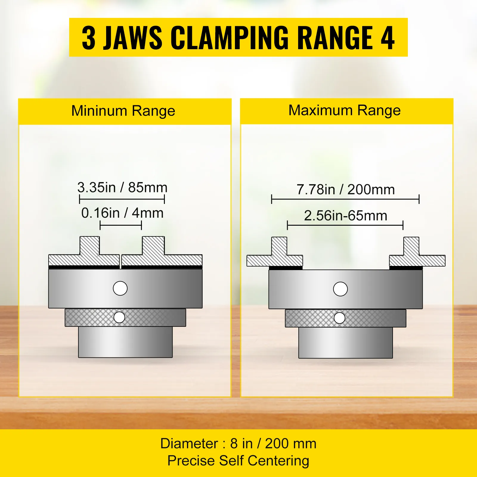 VEVOR lathe chuck: minimum clamping 3.35in/85mm, max 7.78in/200mm. diameter 8in/200mm