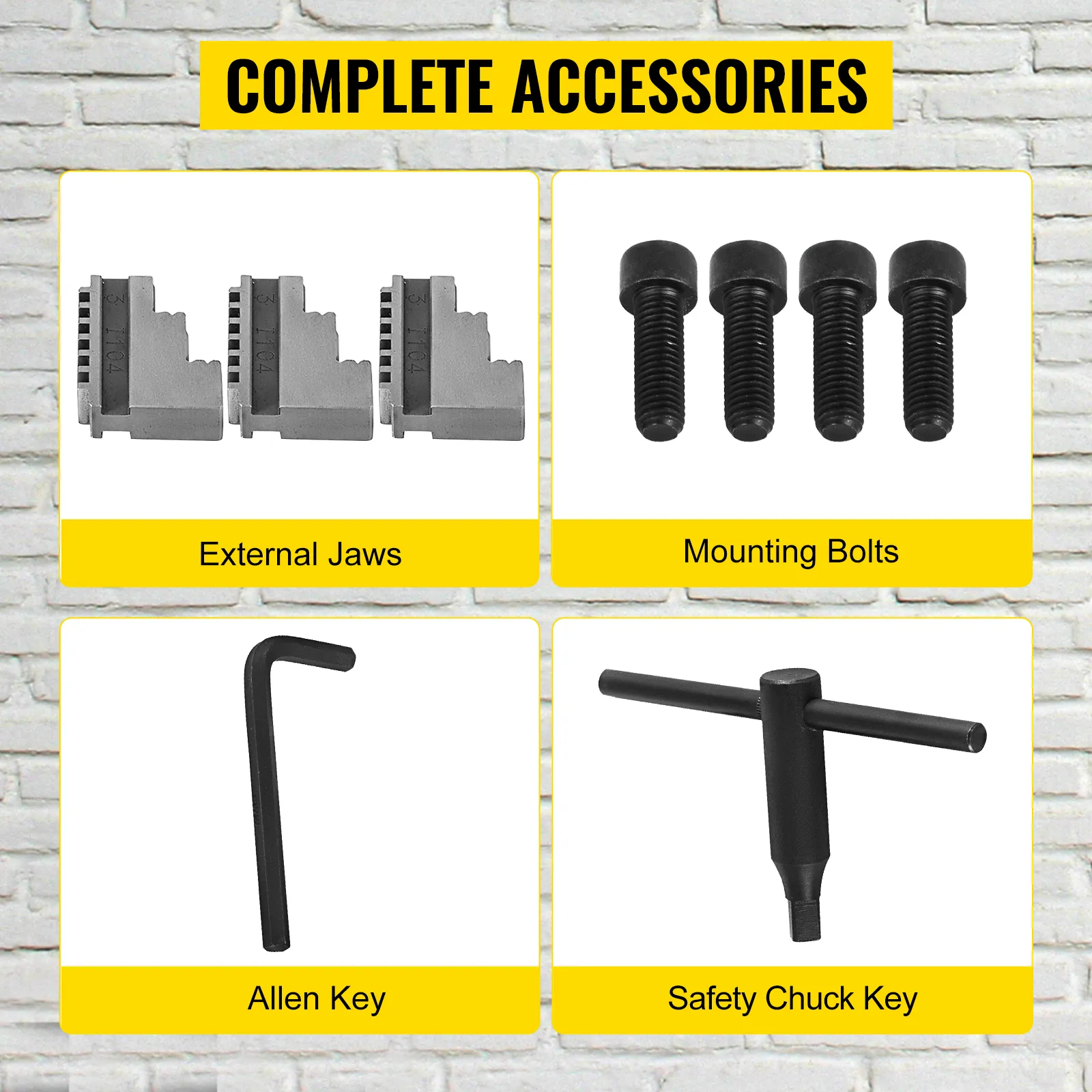 VEVOR lathe chuck accessories: external jaws, mounting bolts, allen key, safety chuck key.