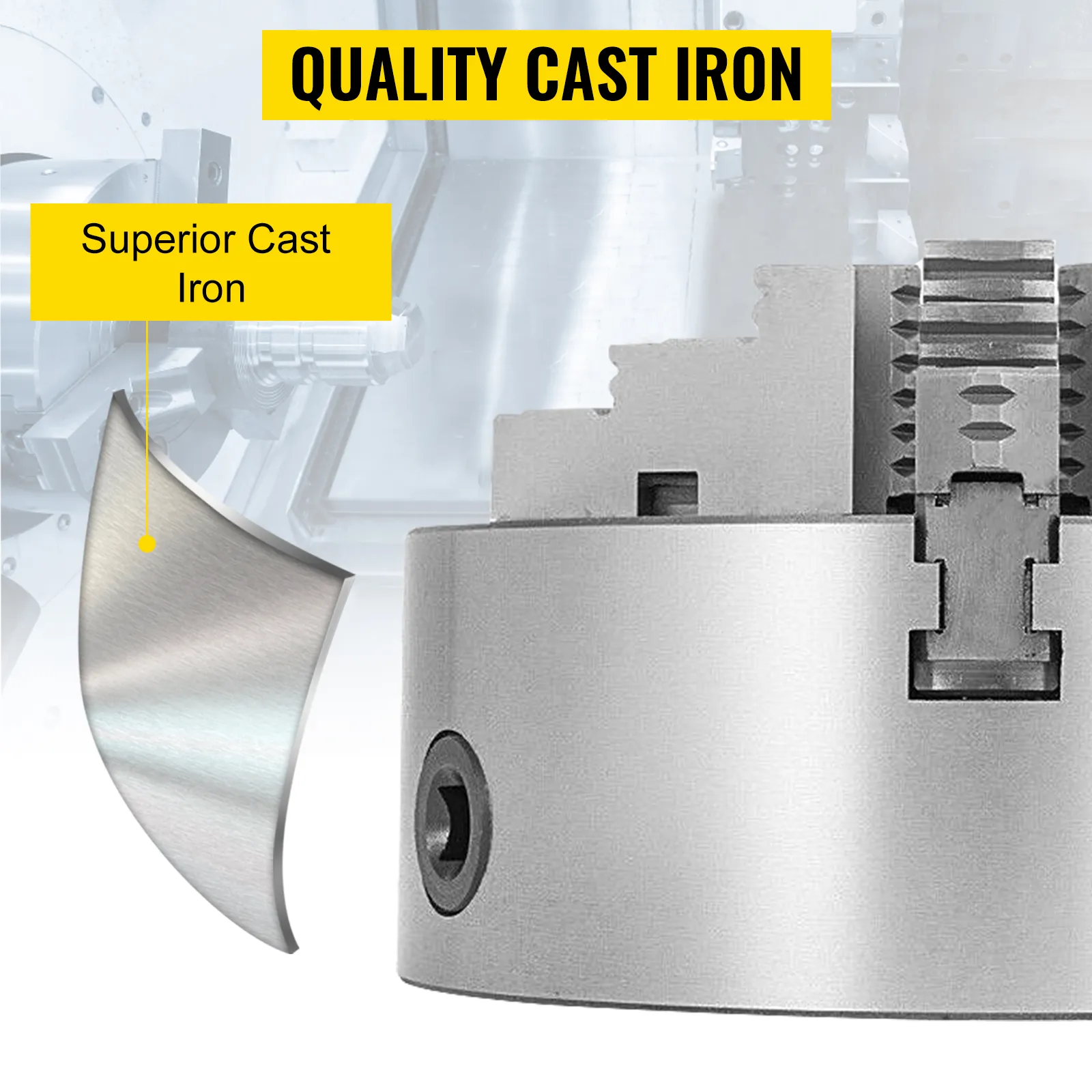 VEVOR lathe chuck made of superior cast iron with durable build quality.