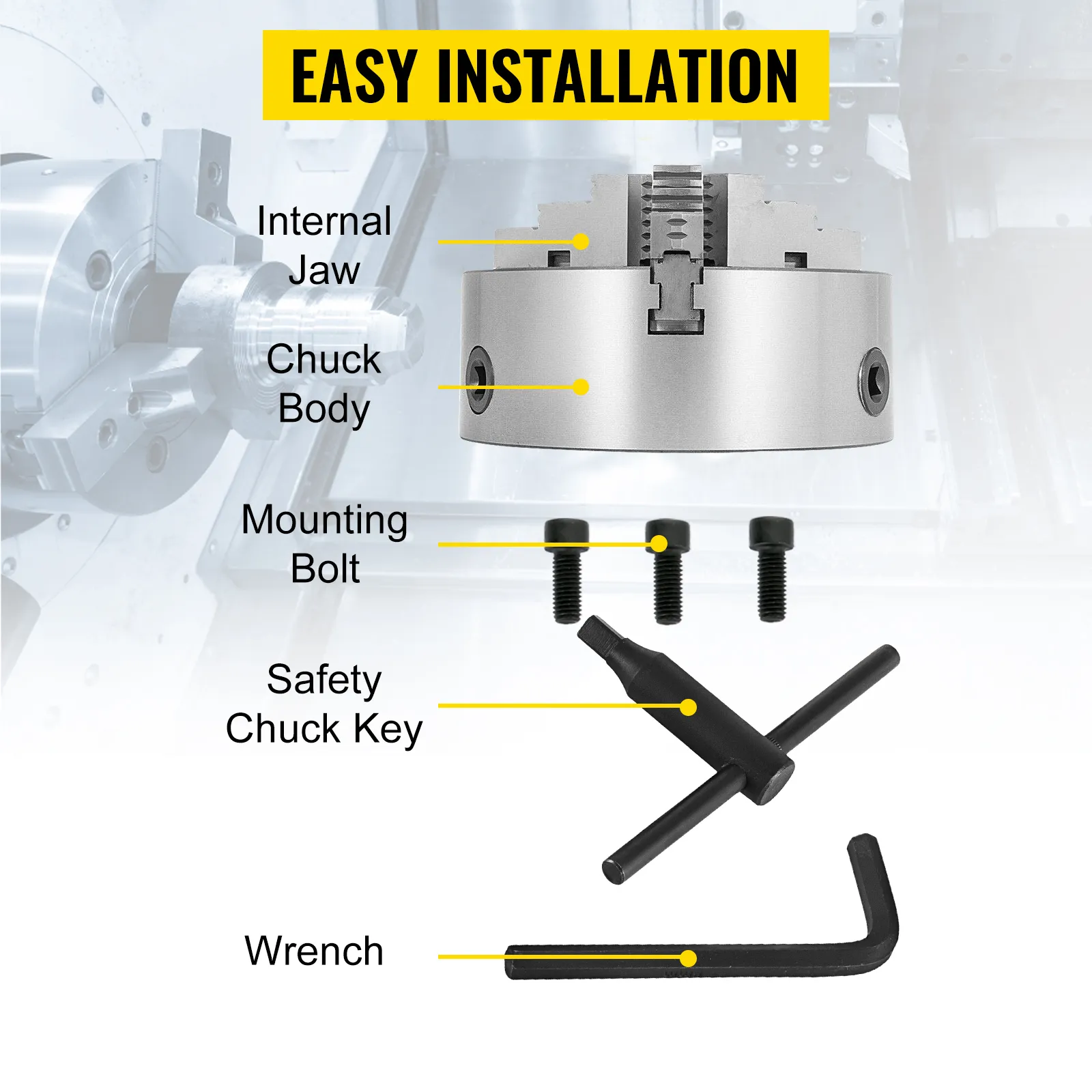 VEVOR lathe chuck kit: internal jaw, chuck body, mounting bolt, safety chuck key, wrench.