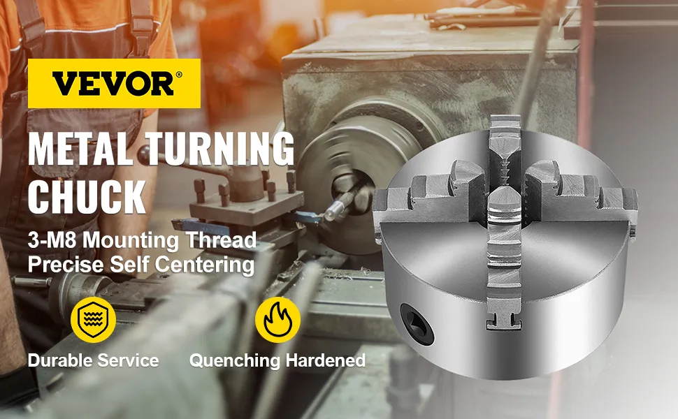 VEVOR lathe chuck for precise self-centering with m8 mounting thread, durable service.