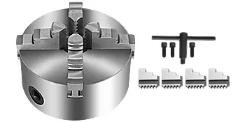 VEVOR lathe chuck with accessories including t-handle and extra jaws.