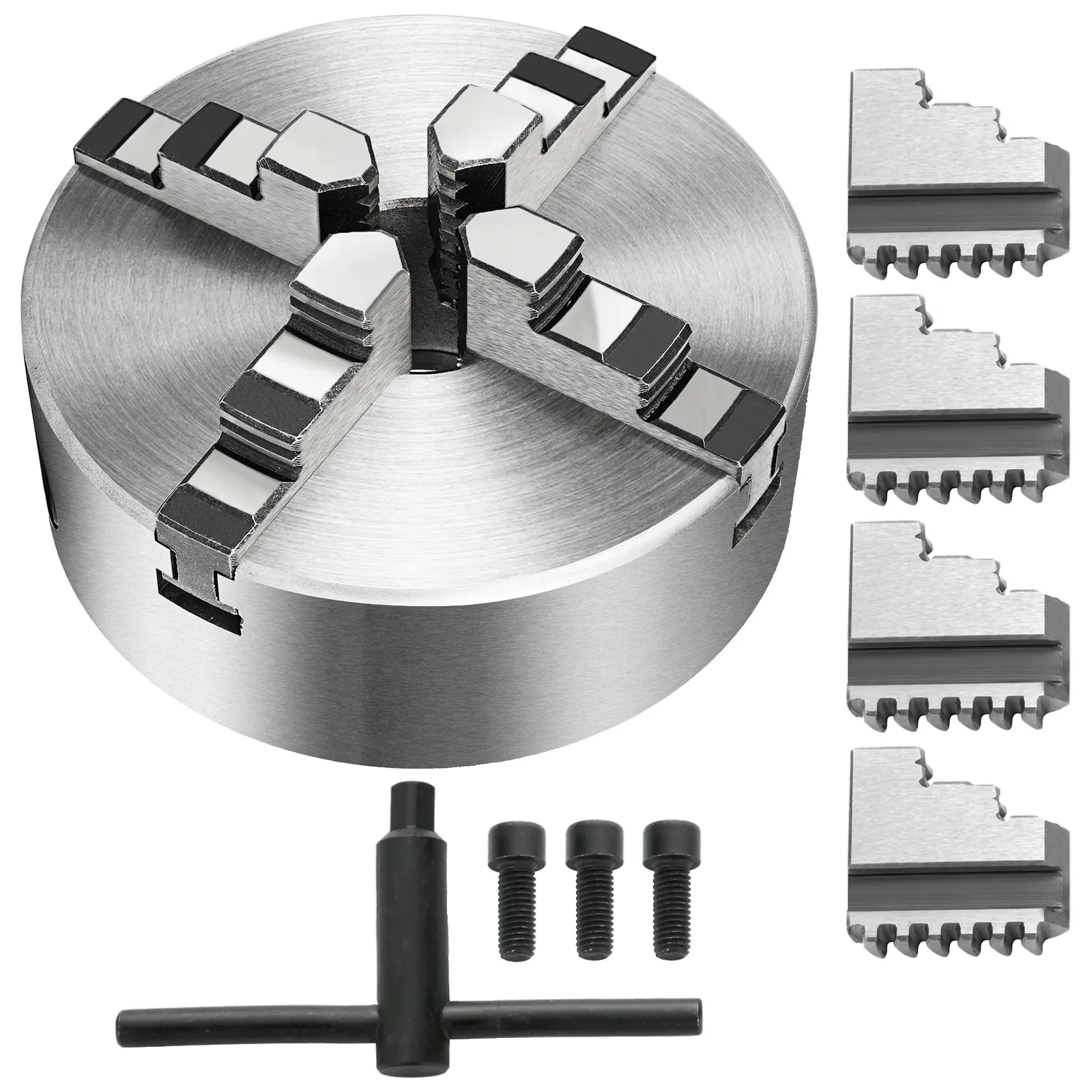 VEVOR lathe chuck with jaws, bolts, and t-handle for mechanical precision.