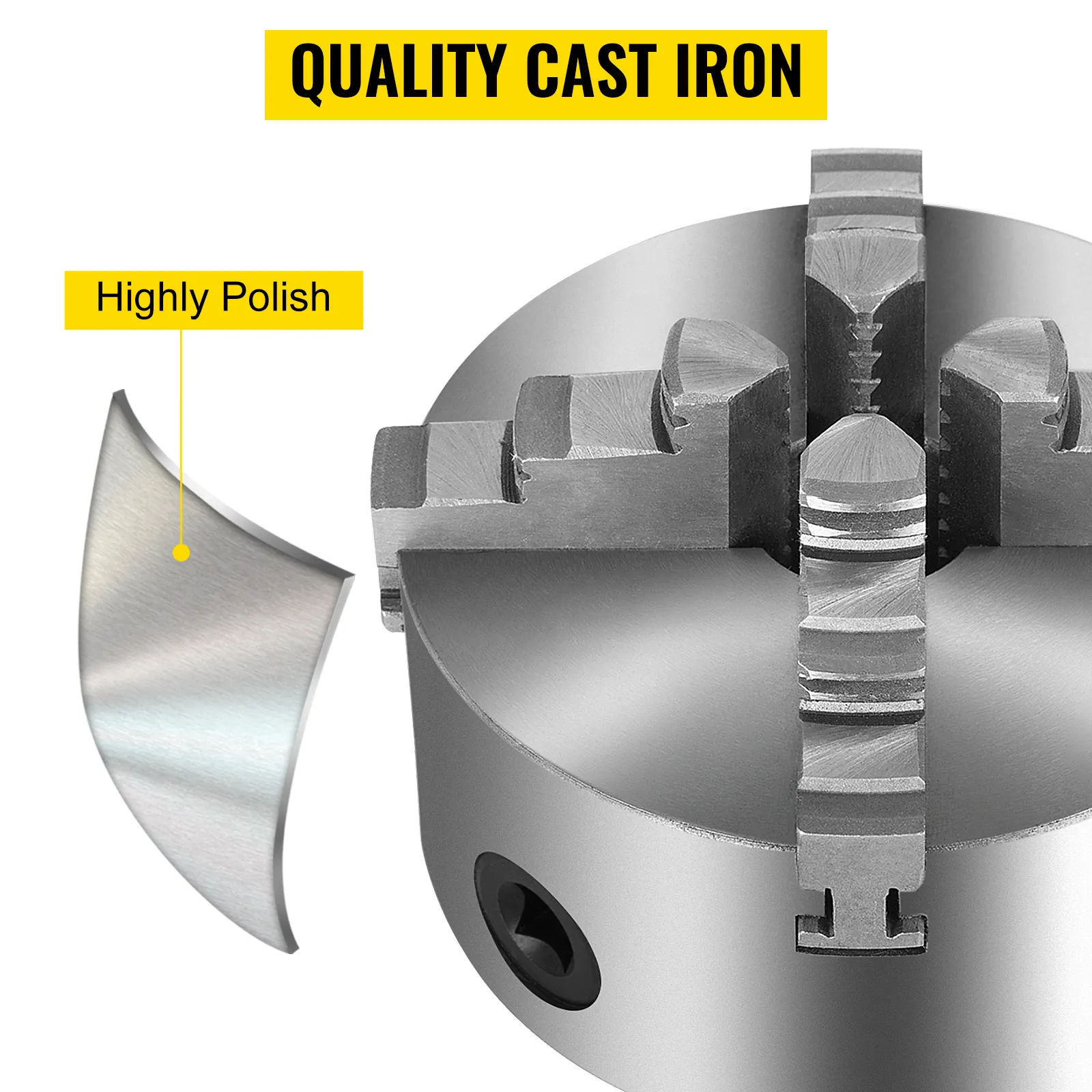 VEVOR lathe chuck made from quality cast iron, showcasing a highly polished surface.