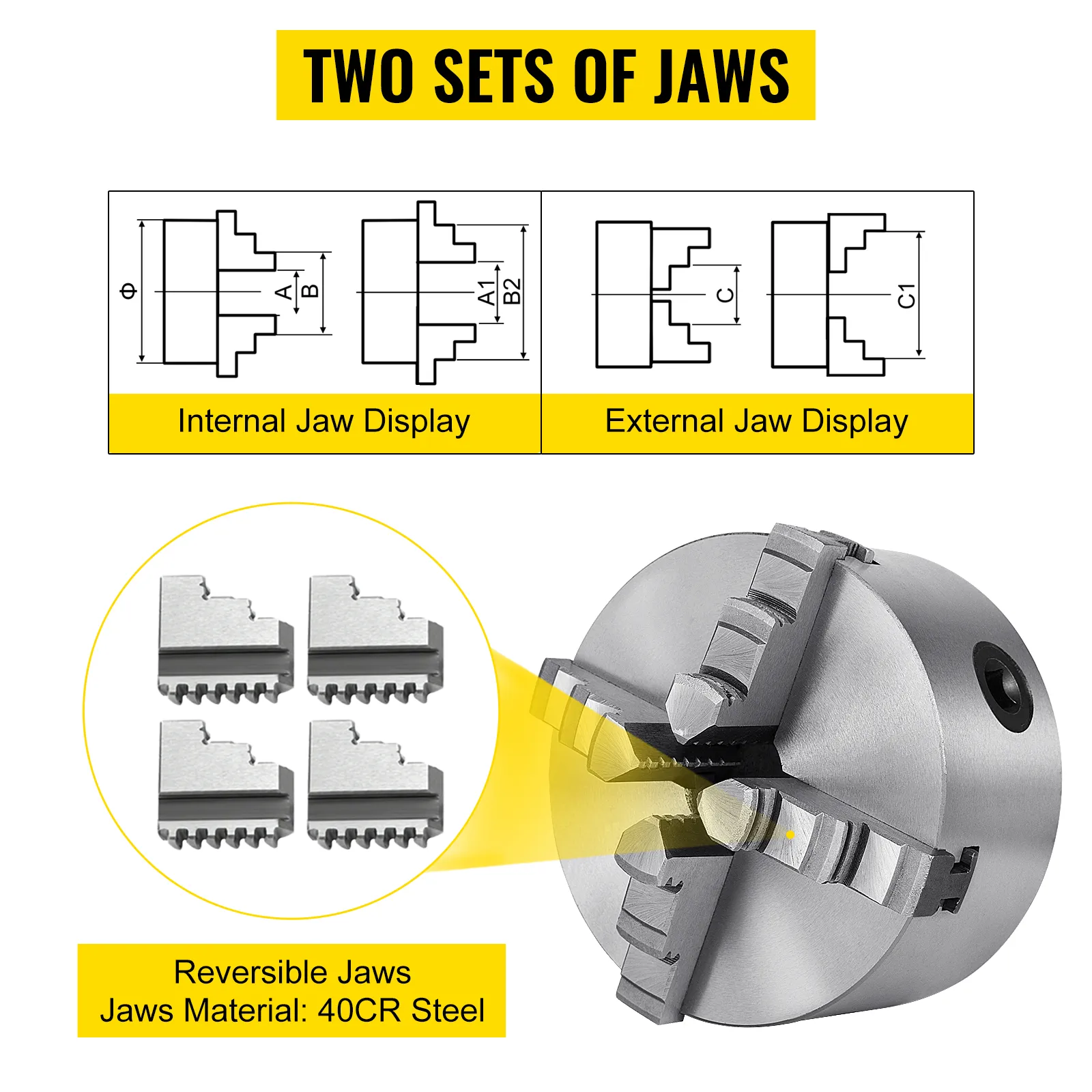 VEVOR lathe chuck with internal and external reversible jaws in 40cr steel.