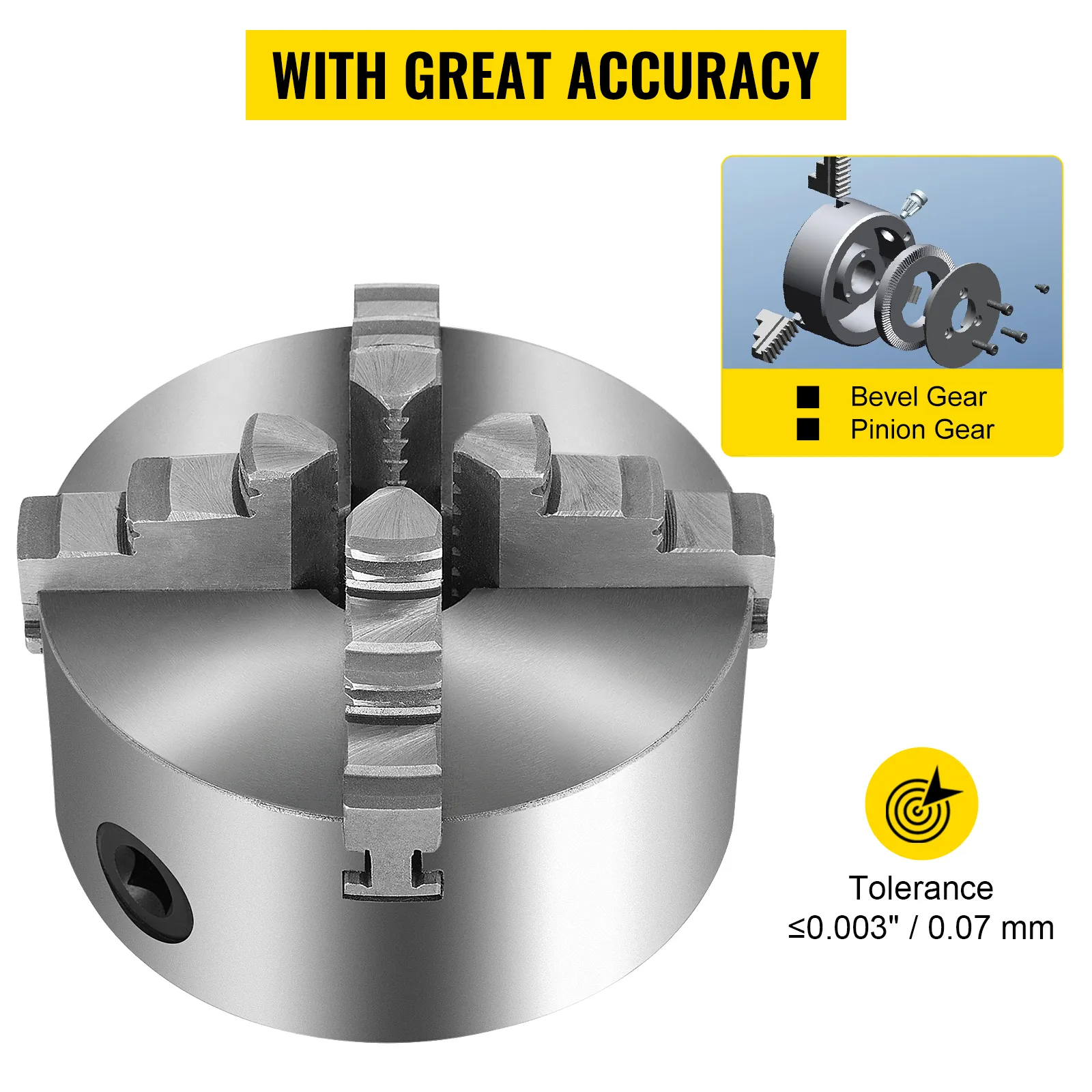 VEVOR lathe chuck with great accuracy and tolerance of ≤0.003"/0.07 mm.
