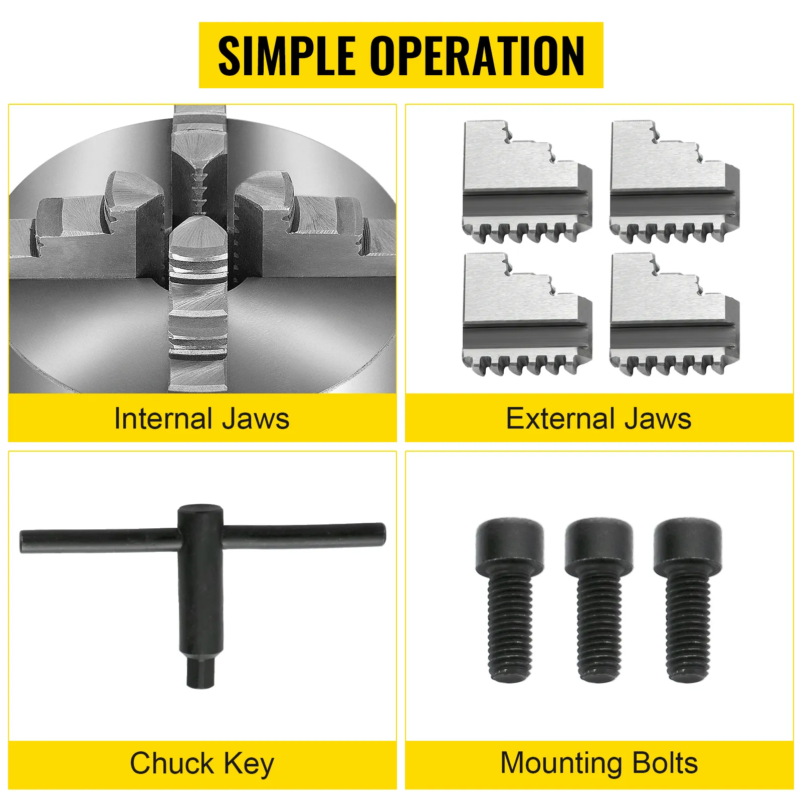 VEVOR lathe chuck with internal and external jaws, chuck key, and mounting bolts.