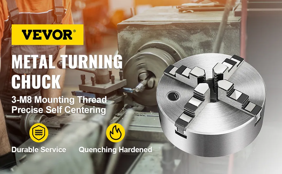VEVOR lathe chuck for precise self-centering metal turning, featuring durable service.
