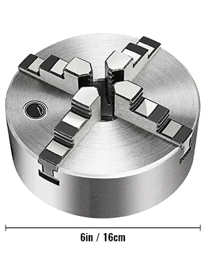 VEVOR lathe chuck 6in/16cm, four-jaw, round, metallic finish.
