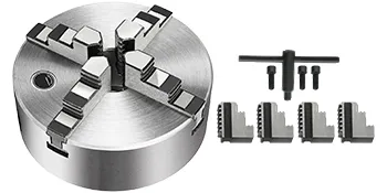 VEVOR lathe chuck set with 4 jaws, screws, and wrench on a white background.