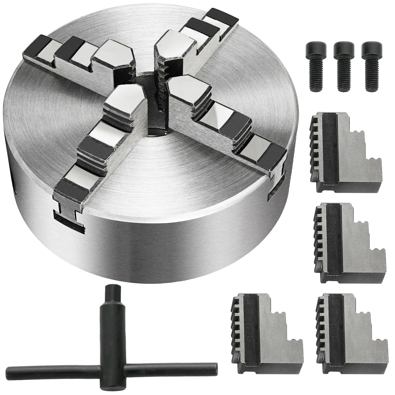 VEVOR lathe chuck with 3 jaws, extra grips, screws, and key tool on white background.