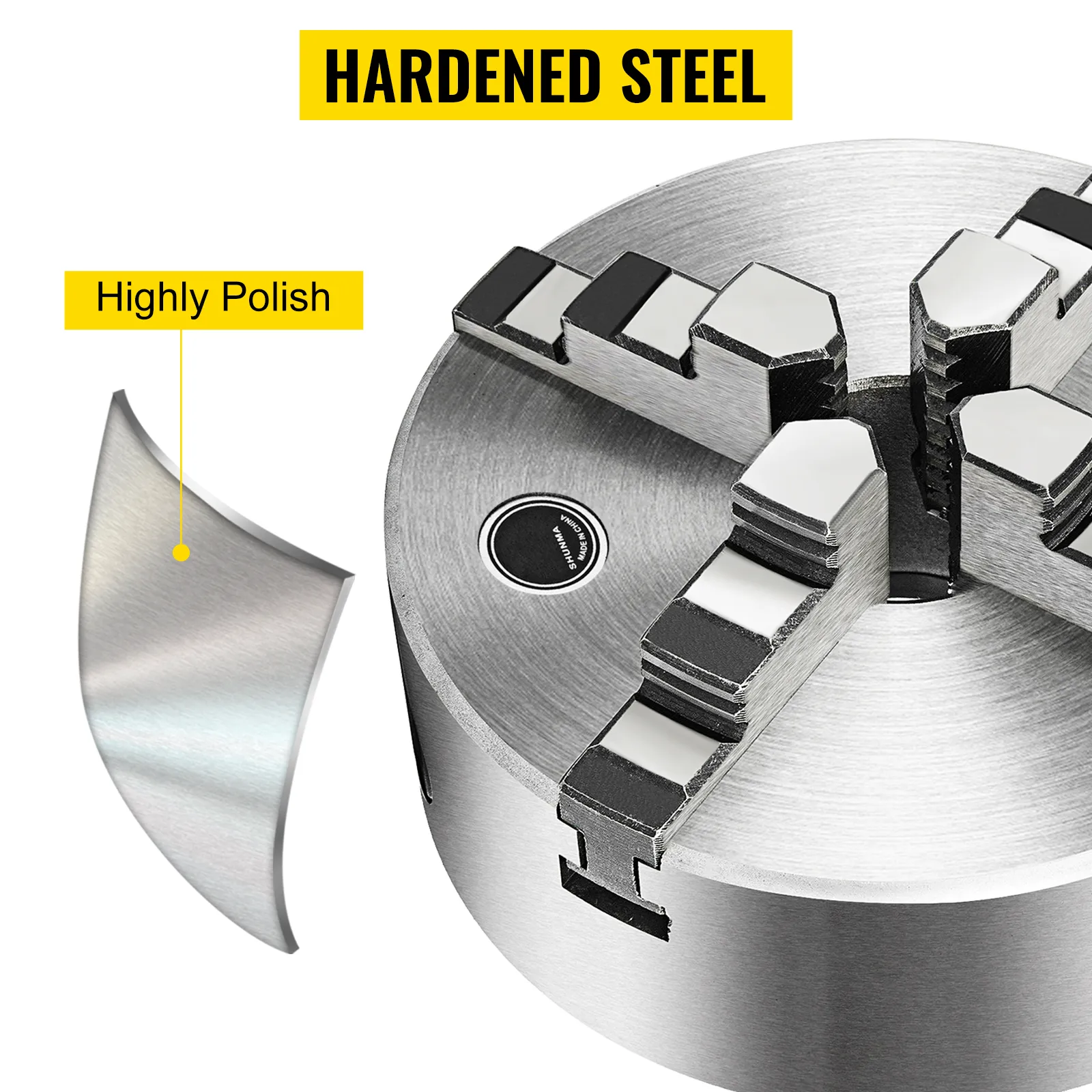 hardened steel VEVOR lathe chuck with highly polished finish and strong grip jaws.