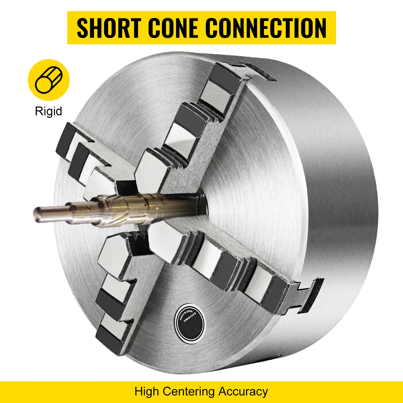 VEVOR lathe chuck showing short cone connection and high centering accuracy.