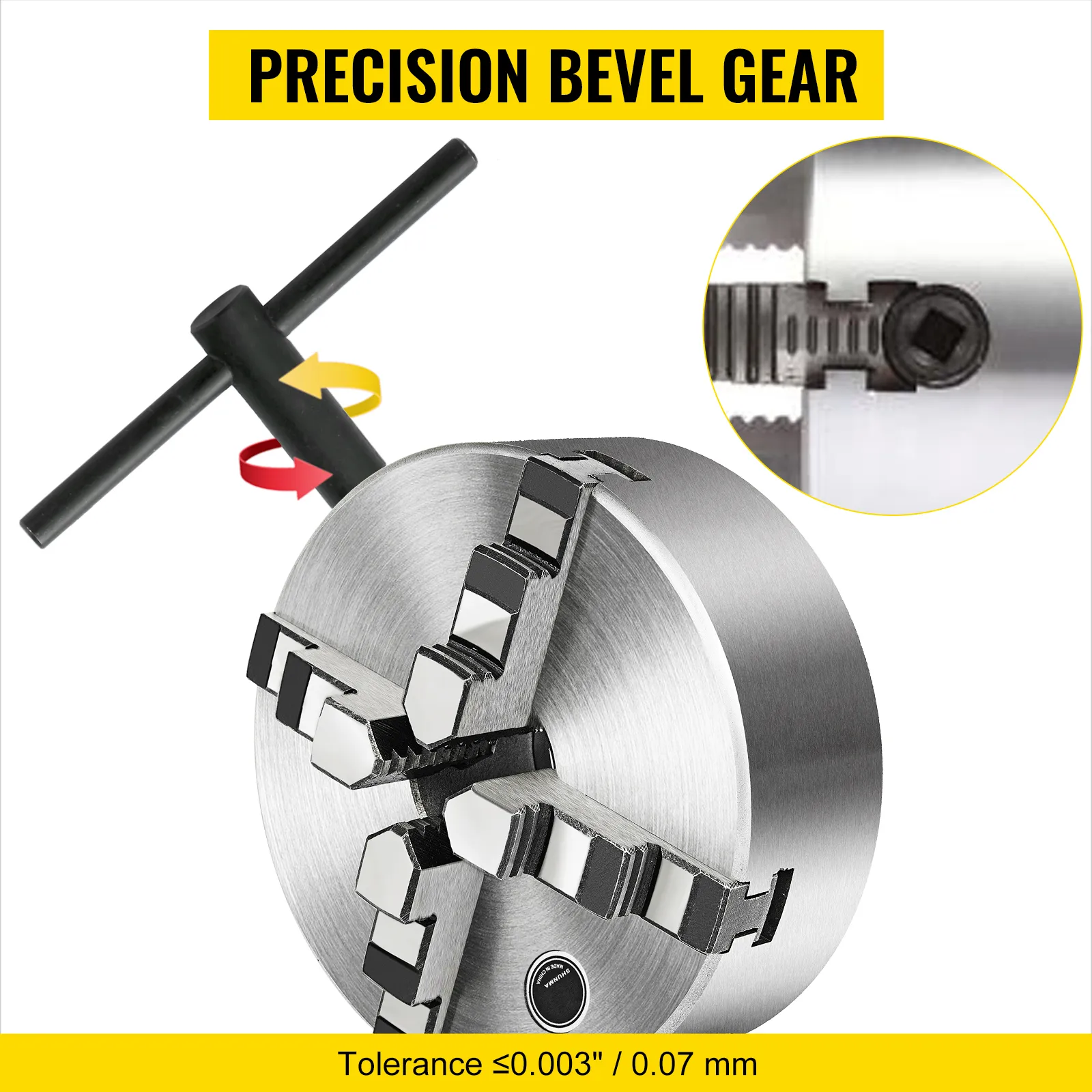 VEVOR lathe chuck showing precision bevel gear and tolerance of ≤ 0.003".