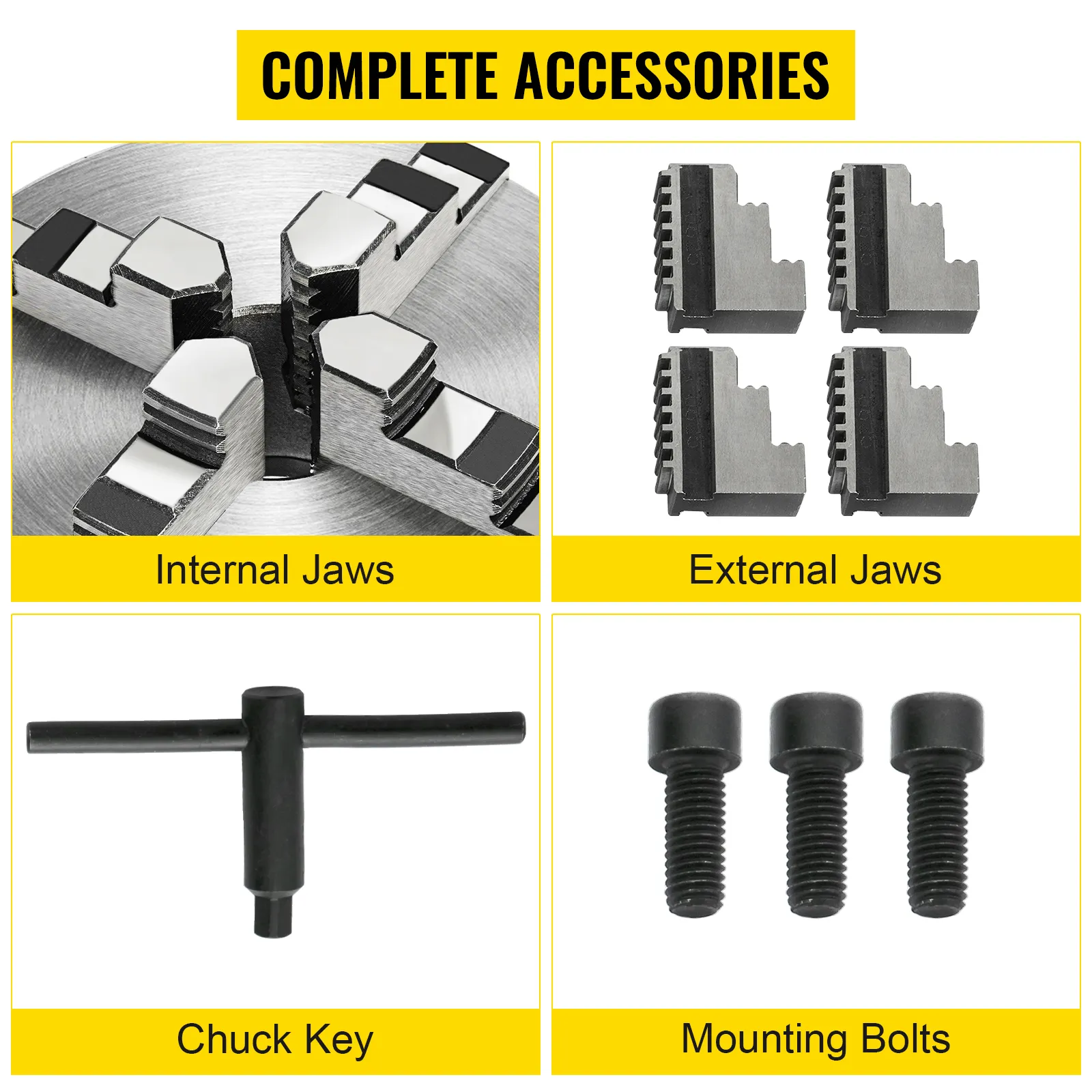 VEVOR lathe chuck complete accessories: internal jaws, external jaws, chuck key, bolts.